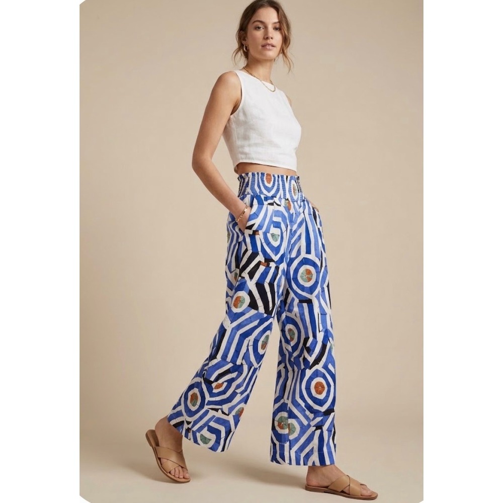 Maeve Anthropologie Blue White Mosaic Print Smocked Wide Leg Pants Womens XS
